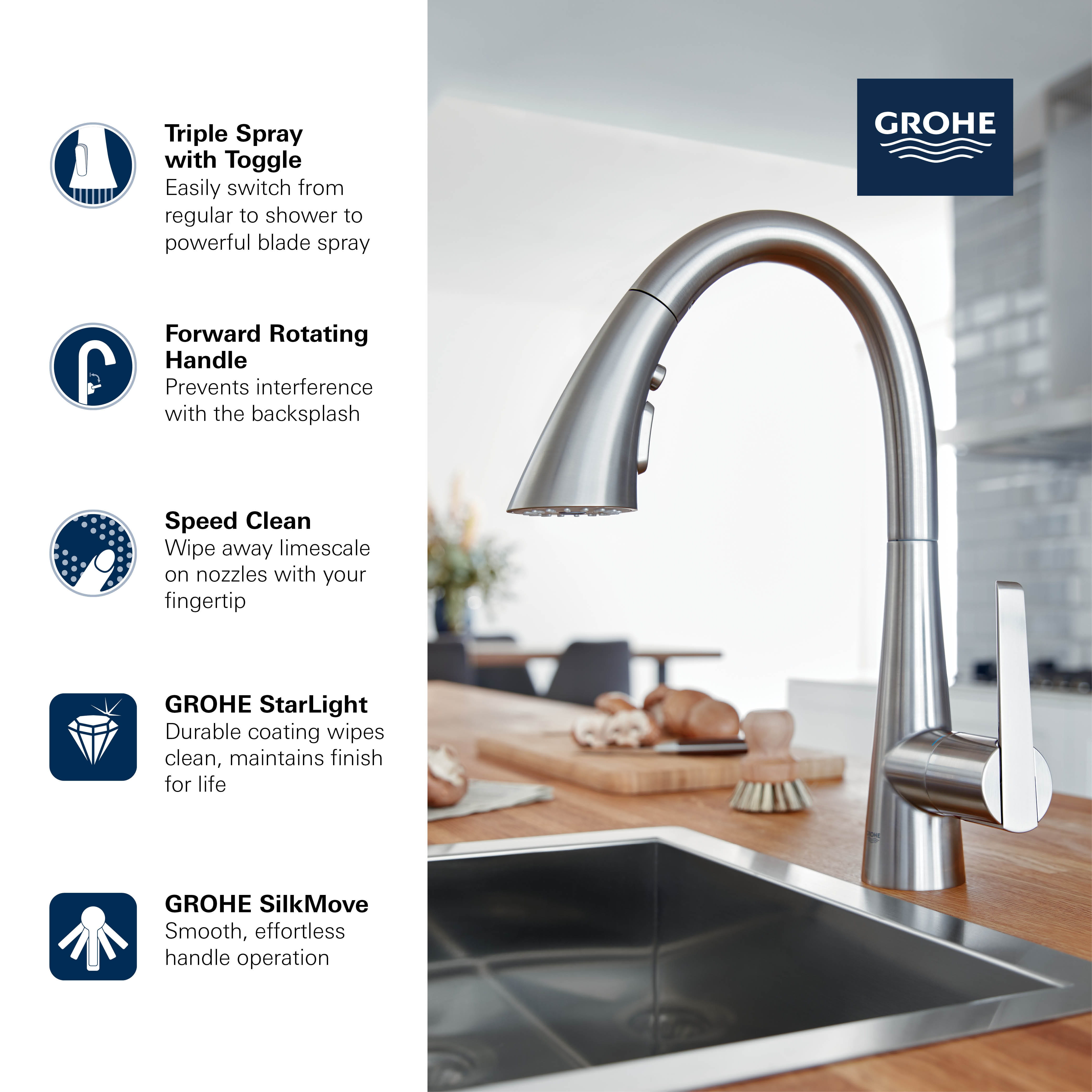 Single Handle Pull Down Triple Spray Bar Faucet  175 GPM GROHE SUPERSTEEL